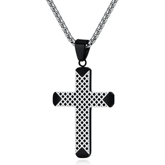 Cross Necklace for Men,Stainless Steel Black Silver Jesus Christ Crucifix Pendant Necklaces Meaningful Religious Jewelry，60cm Rolo Chain