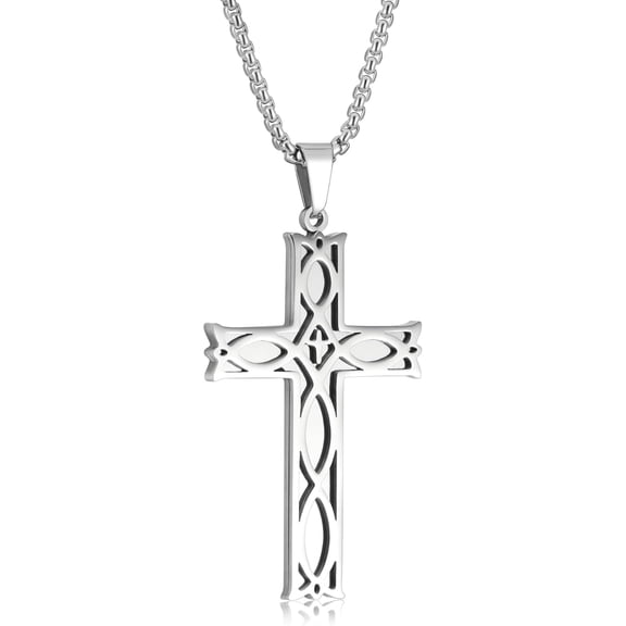 Cross Necklace for Men, Stainless Steel Chain, Silver Toned Pendant, Christian Religious Jewelry