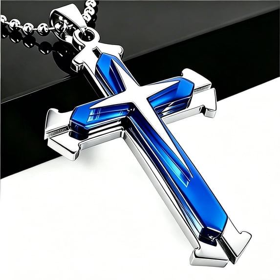 Cross Necklace for Men, Stainless Steel Cross Pendant, Mens Chain Necklaces,Blue