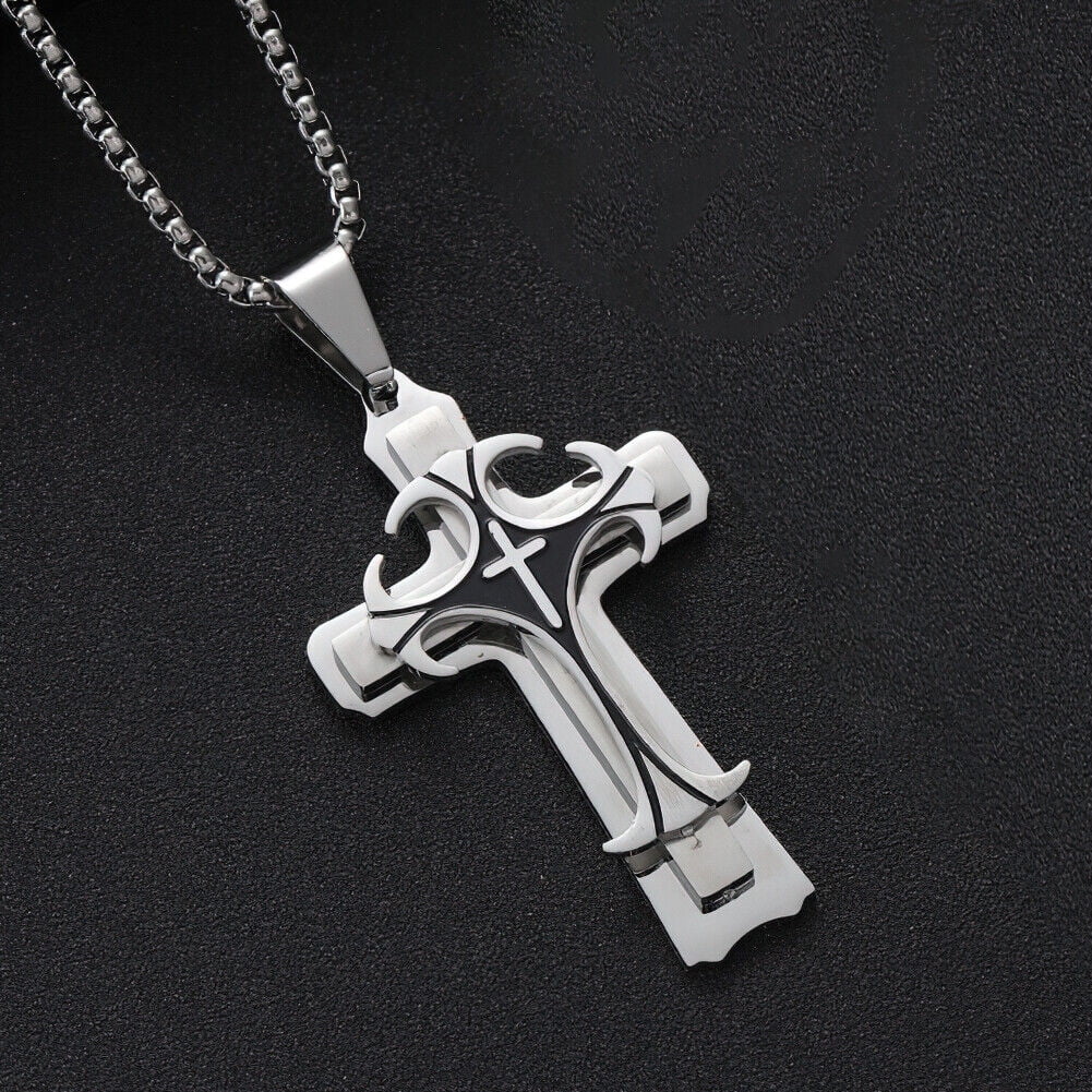 Cross Necklace for Men Stainless Steel Layered Amulet Pendant Chain for ...