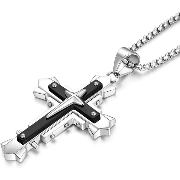 Cross Necklace for Men Stainless Steel Pendant 24 Inches Rolo Chain Jewelry