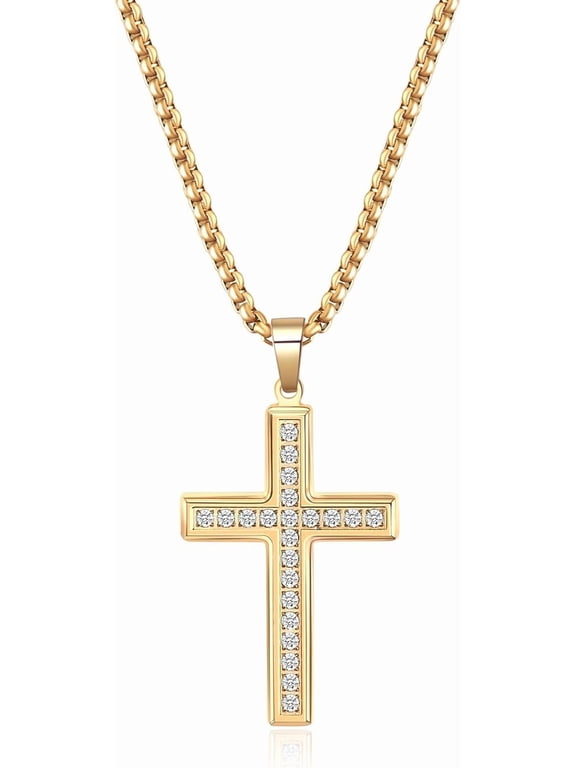 Cross Necklace for Men Women CZ 14k Gold Plated Stainless Steel Plain Simple Cross Pendant Necklace for Men