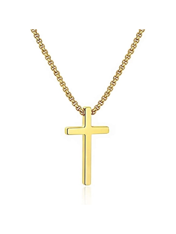 Cross Necklace for Men & Women, Silver Black Gold Stainless Steel Plain Cross Pendant Box Chain Jewelry