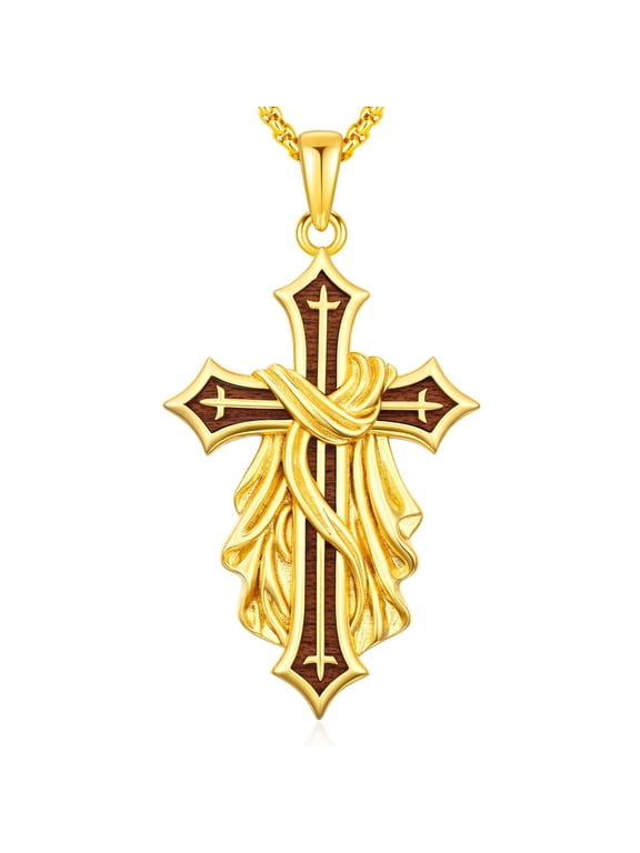 Men's Cross Necklace, 14K Gold Plated Walnut Wood, Religious Gift