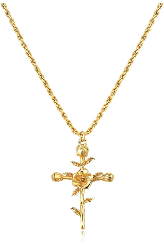 Cross Necklace for Women 14K Gold Plated Birth Flower Necklaces Rope Cross Pendant Fashion Gold Jewelry Birthday Gifts 12 Month