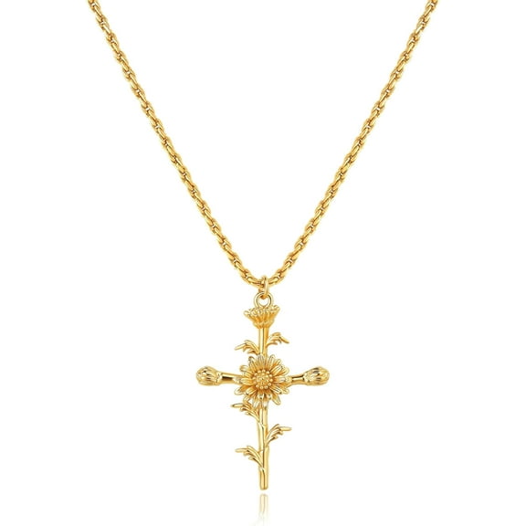 Cross Necklace for Women 14K Gold Plated Birth Flower Necklaces Rope Cross Pendant Fashion Gold Jewelry Birthday Gifts 12 Month