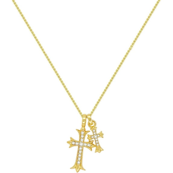 18K Gold Layered Cross Necklace For Women - Cubic Zirconia Pendant, 2-Piece Choker Set