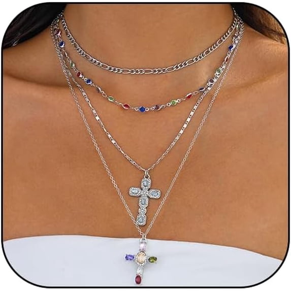 Long Point Bech Cross Necklace for Women Gold Long Chain Layered Cross Crystal Pendant ...
