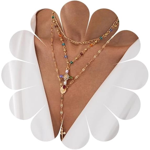 Long Point Bech Cross Necklace for Women Gold Long Chain Layered Cross Crystal Pendant ...