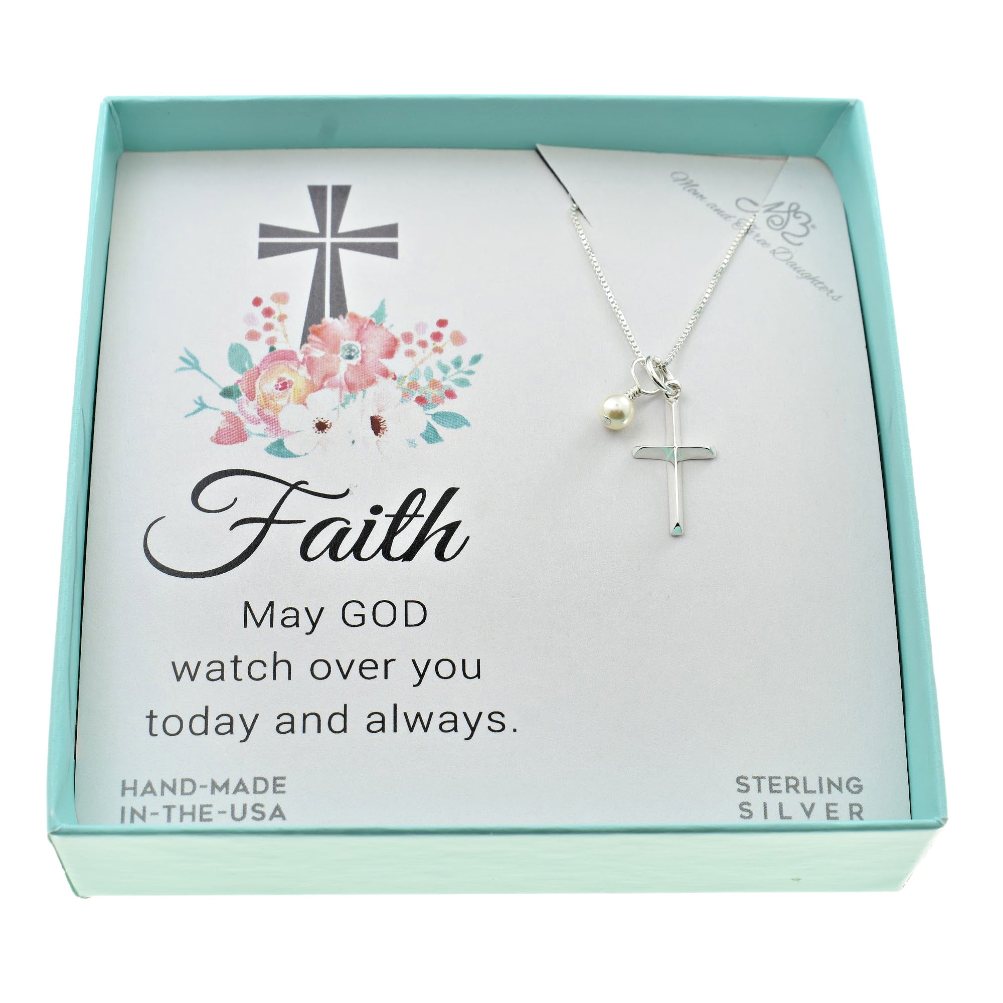 MOM AND THREE DAUGHTERS Cross Necklace in Sterling Silver. Christian Jewelry. Confirmation Gift for Her. Crystal Pearl. Faith. Confirmation Sponsor Gift