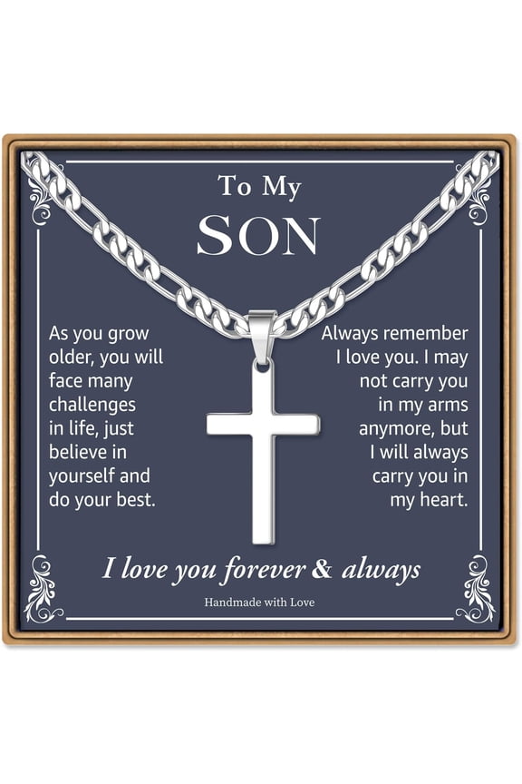 Cross Necklaces Gifts for Men Him - Silver Figaro Chain Stainless Steel Cross Necklace Jewelry, Anniversary Birthday Gift for Dad Husband Brother Son Grandson Gift