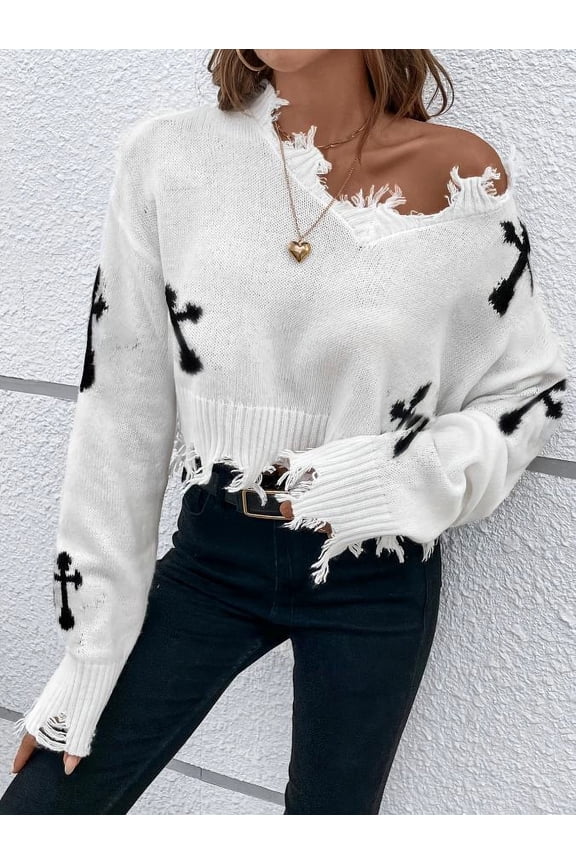 Cross Pattern Crop Sweater (L, White)