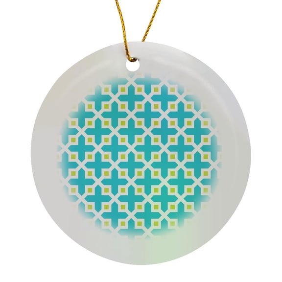 3drose, Cross Pattern Turquoise Lime Green, Circle Porcelain Ornament