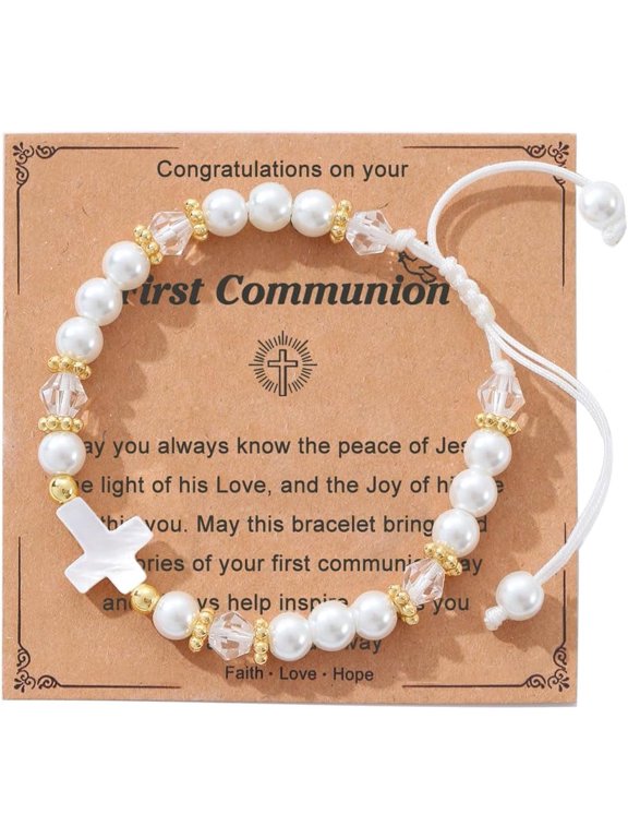 Cross Simulated Pearl Bracelet, First Communion Gifts, Baptism, Easter Gifts for Teen Girls, Faith Christian Religious Bracelet for Girls