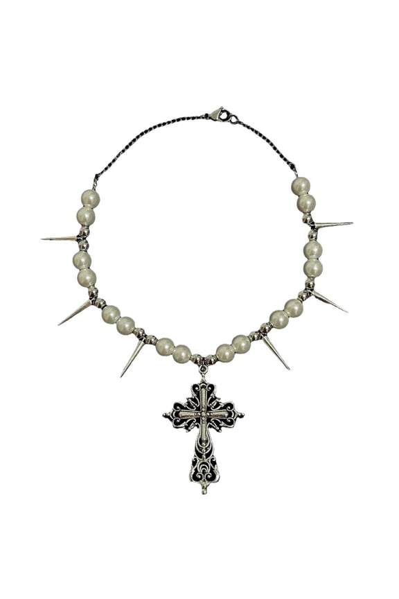 Cross Pearl Choker Necklace Y2k Chrome Silver Western Statement Chunky Cross Charm Necklace Heart Romantic Goth Cross Spiked Emo Grunge Ball Chain Necklace for Women