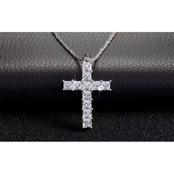 Cross Pendant 2 Ct Princess Cut Lab Created Diamond Chain 14K White Gold Plated