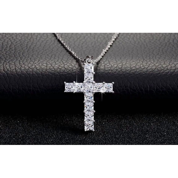 Cross Pendant 2 Ct Princess Cut Lab Created Diamond Chain 14K White Gold Plated