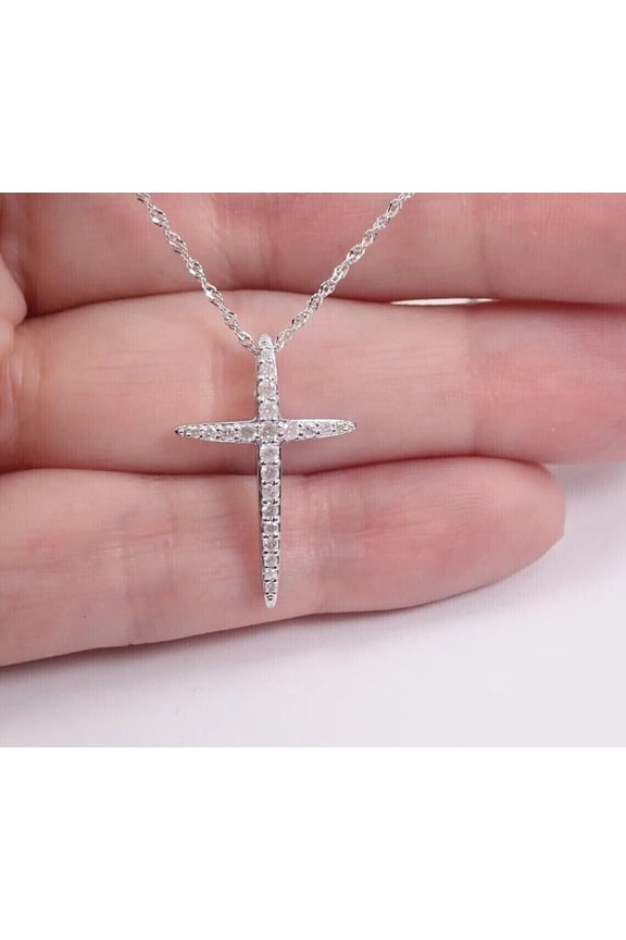 Cross Pendant 3 Ct Round Cut Lab Created Diamond Chain In 14K White Gold Plated