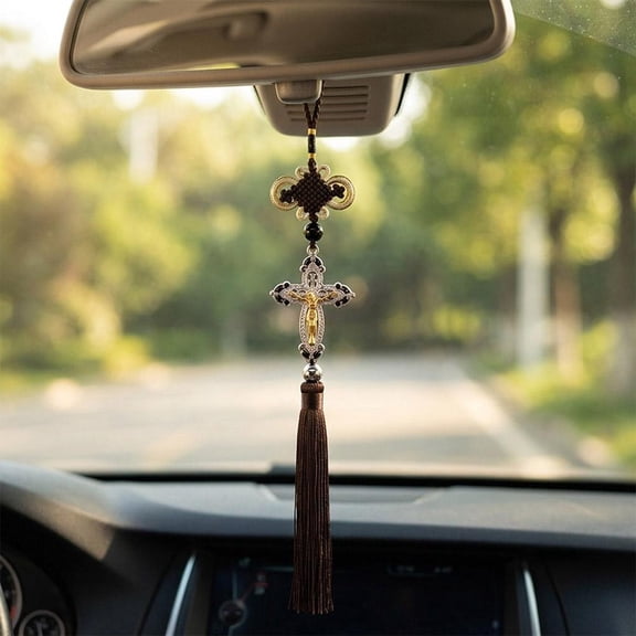 Cross Pendant Car Rearview Mirror Ornament, Gold-Tone Alloy Crucifix Hanging Decoration with Tassel, Religious Gift for Drivers, 37cm Total Length
