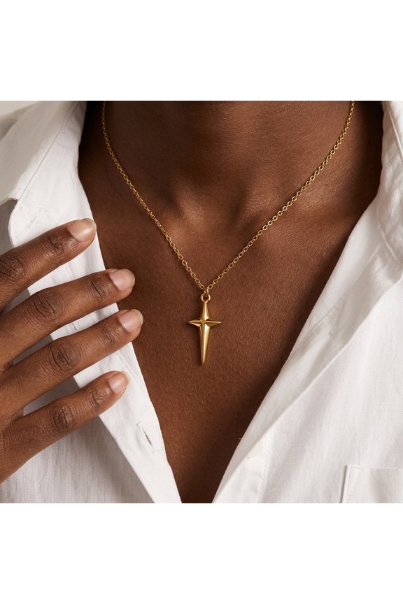 Cross Pendant Necklace 14K White Gold Four-pointed Star Simple Personality Crossed Necklace Fashionable Geometric Shape