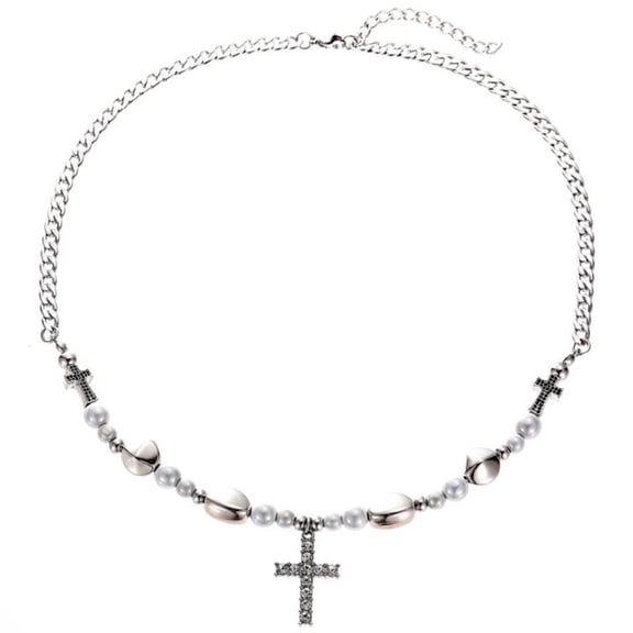 Cross Pendant Necklace Choker Reflective Pearl Necklace Clothing Accessories