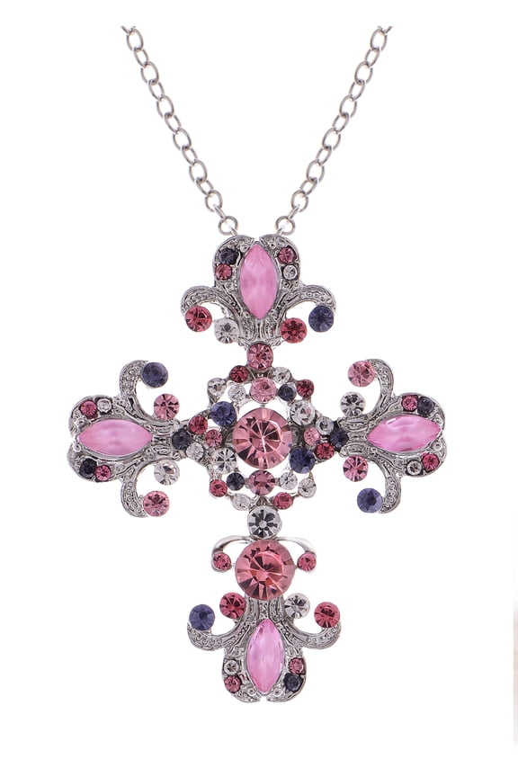 Cross Pendant Necklace Gorgeous Crystal Rhinestones Brooch Pin Religious Jewelry Gift for Women Men, Pink