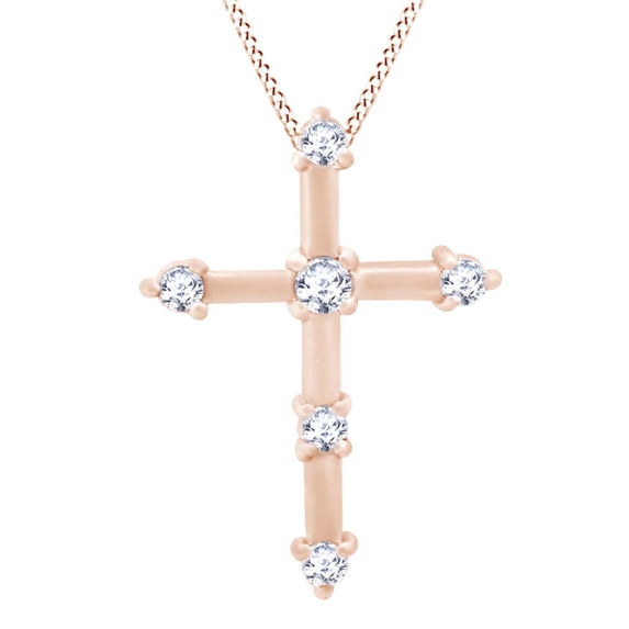 AFFY Cross Pendant Necklace In 14k Solid Rose Gold Round Shape White Natural Diamond (0.15 cttw)
