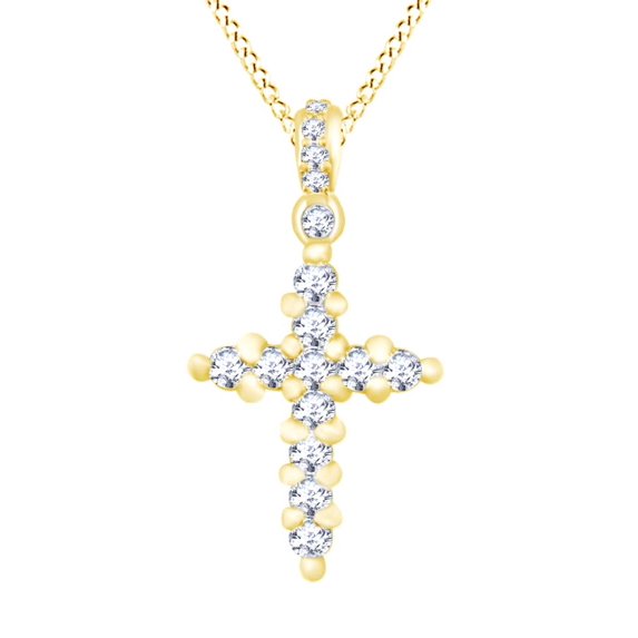 AFFY Cross Pendant Necklace In 14k Solid Yellow Gold Round Cut White Natural Diamond (1 cttw)