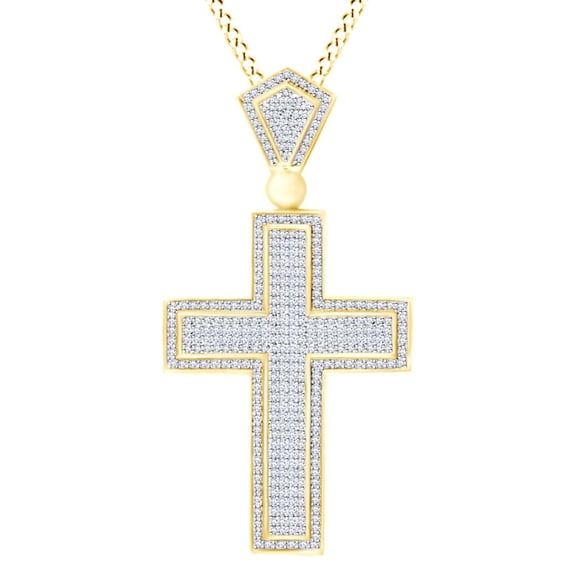 AFFY Cross Pendant Necklace In 14k Yellow Gold Round Cut White Natural Diamond (4.12 cttw)