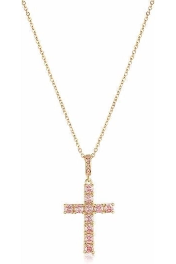 Cross Pendant Necklace with Pink CZ 18K Gold Plated Adjustable Jewelry for Women