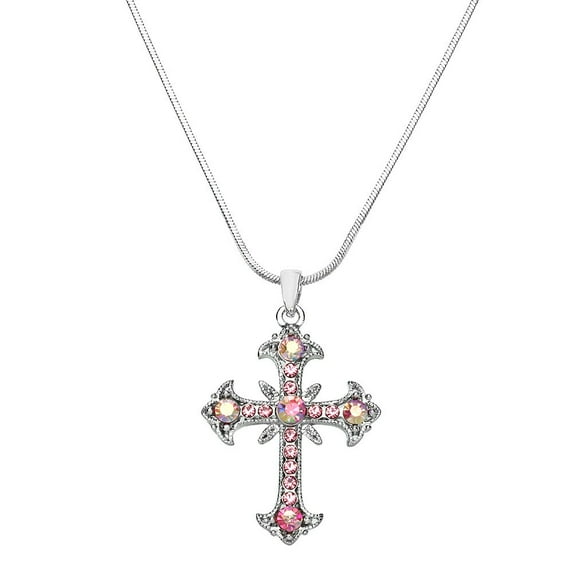 Cross Pendant Necklace Rhinestone Crystal Rhodium High Polished J0080-PK