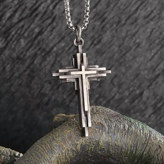Cross Pendant Necklace for Men Women Stainless Steel Vintage Catholic Christian Religious Jewelry Gift for Dad Father's Day Christmas