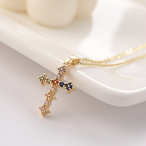 Cross Pendant Necklace for Women Electroplated Real Gold Clavicle Chain Colored Zircon for Women Jewelry Valentines Day