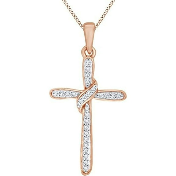 Cross Pendant Necklace in 925 Sterling Silver With 14K Rose Gold Plated Round Cut White Diamond