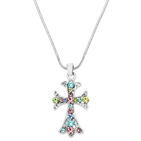 Cross Pendant Necklace or Earring Clear Rhinestone Crystal Rhodium Plated 17 Inch Snake Chain J0213-MT