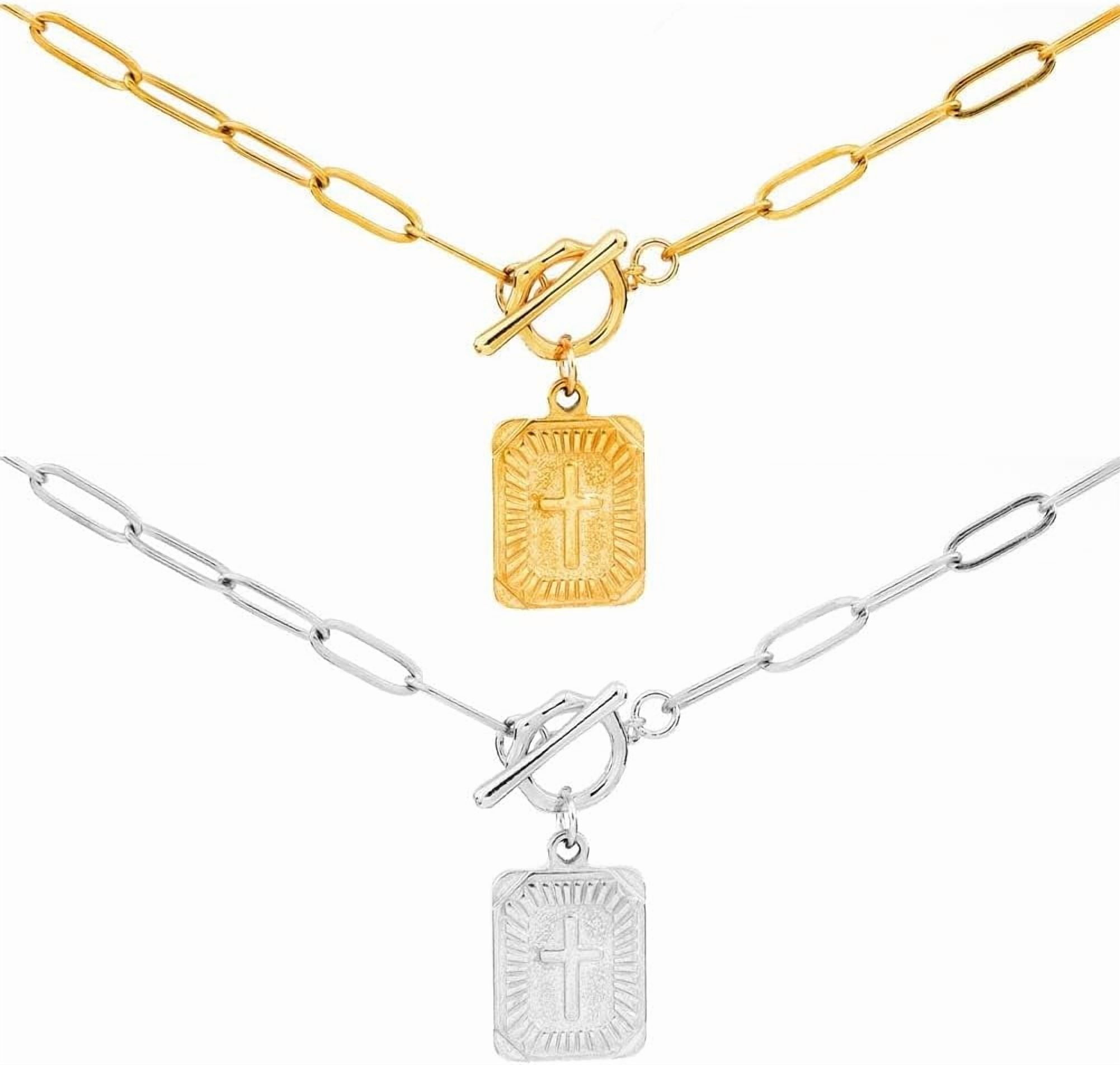 Cross Pendant Paperclip Chain Necklace, 14k Gold & Silver Plated, Unisex, Waterproof and Sweat-Resistant, Fade-Proof