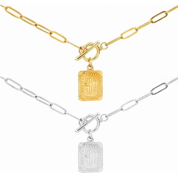 Cross Pendant Paperclip Chain Necklace, 14k Gold & Silver Plated, Unisex, Waterproof and Sweat-Resistant, Fade-Proof