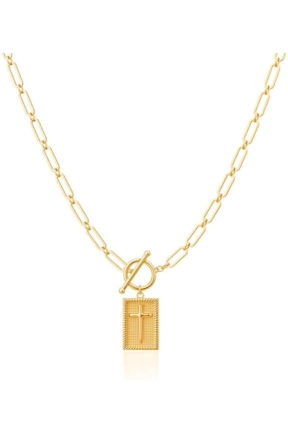 Cross Pendant Paperclip Chain Necklace, Stylish Elegant 14K Gold & Silver Plated Cross Toggle Clasp Paperclip Chain, Waterproof Sweat-Resistant Fade-Proof, Fashion Religious Jewelry Gift