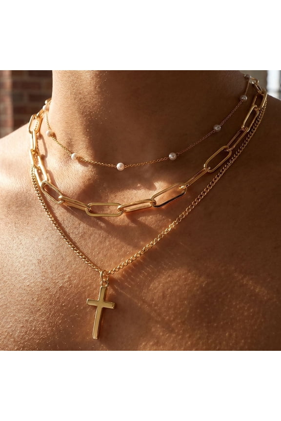 Cross Pendant Shell Necklace for Women, Gold Tone Zinc Alloy Adjustable Chain, Non Tarnish Stackable Charm Summer Beach Jewelry