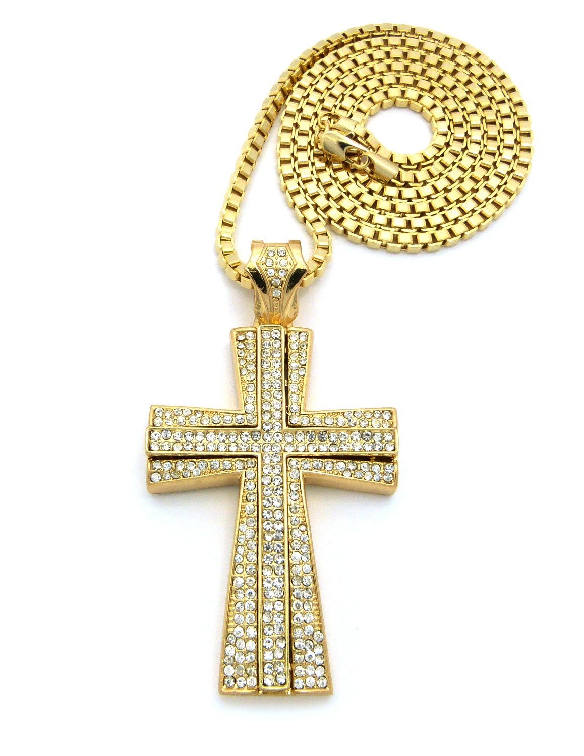 Cross Pendant with 36" Chain Necklace Box Chain, Iced Out Layered