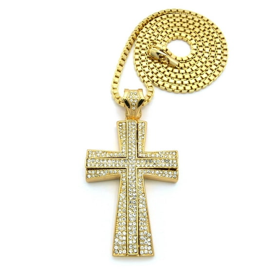 Cross Pendant with 36" Chain Necklace - Box Chain, Iced Out Layered Cross, Gold-Tone
