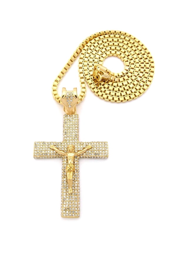 Cross Pendant with 36" Chain Necklace - Box Chain, Paved Crucifix Jesus, Gold-Tone