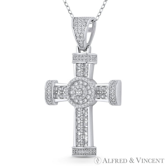 Cross Potent Asscher & Round Cut Cubic Zirconia CZ Crystal Pave 52x17mm Christian Pendant & Chain Necklace in .925 Sterling Silver w/ Rhodium