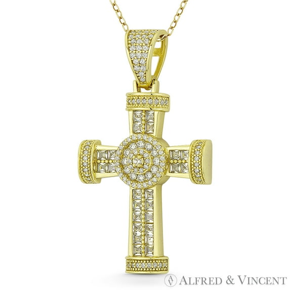 Cross Potent Asscher & Round Cut Cubic Zirconia CZ Crystal Pave 52x17mm Christian Pendant & Chain Necklace in .925 Sterling Silver w/ 14k Yellow Gold