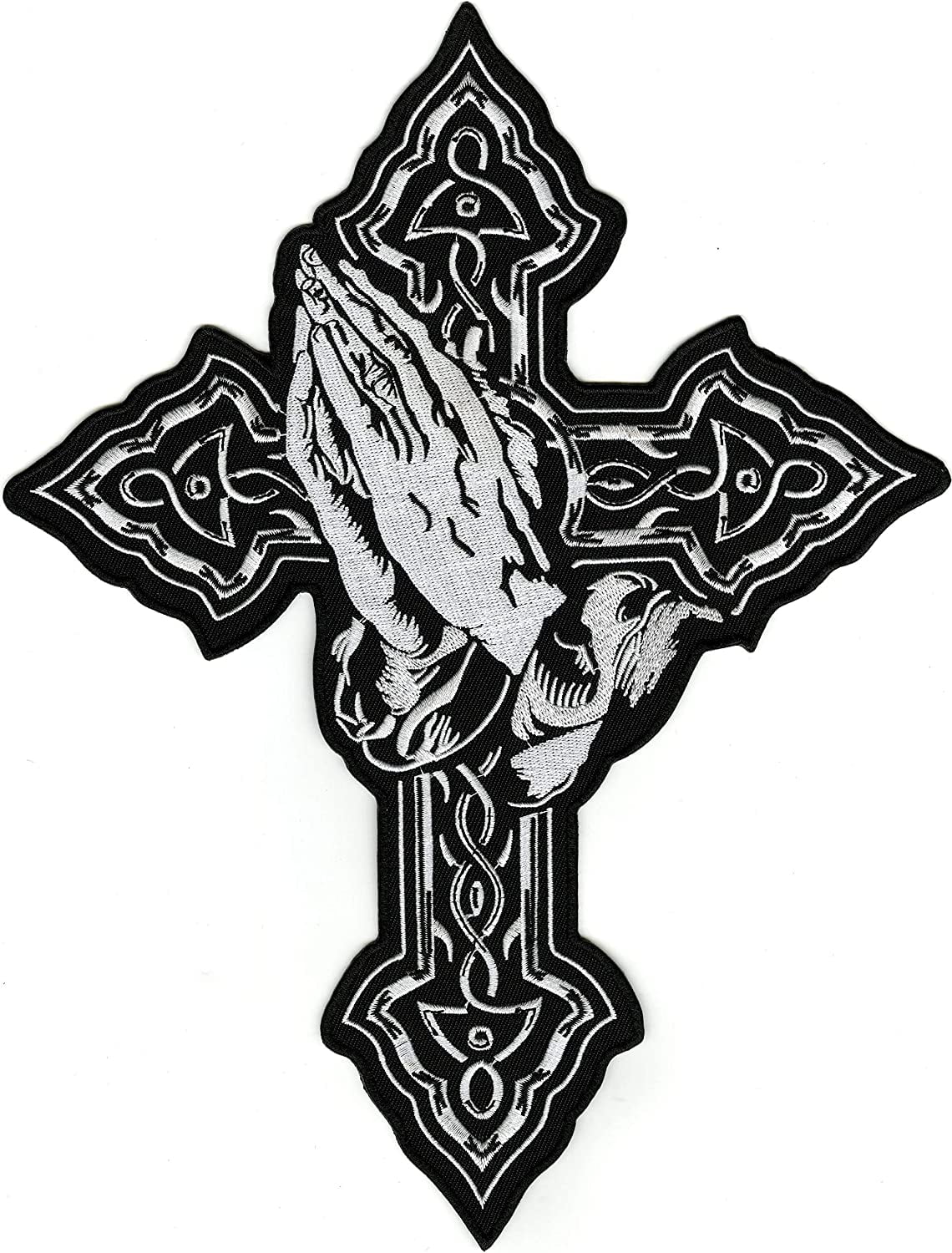 Cross Praying Hands Patch 14" | Religious Christian Catholic Celtic | Embroidered Iron On | Large - by Nixon Thread Co.