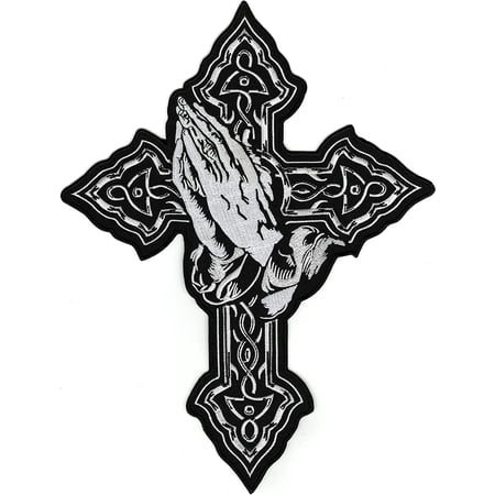 Cross Praying Hands Patch 14" | Religious Christian Catholic Celtic | Embroidered Iron On | Large - by Nixon Thread Co.