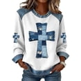 thumbnail image 1 of Cross Print Distressed Denim Sweatshirts for Women Casual Long Sleeve Crewneck Loose Fit Pullover Top White M, 1 of 5