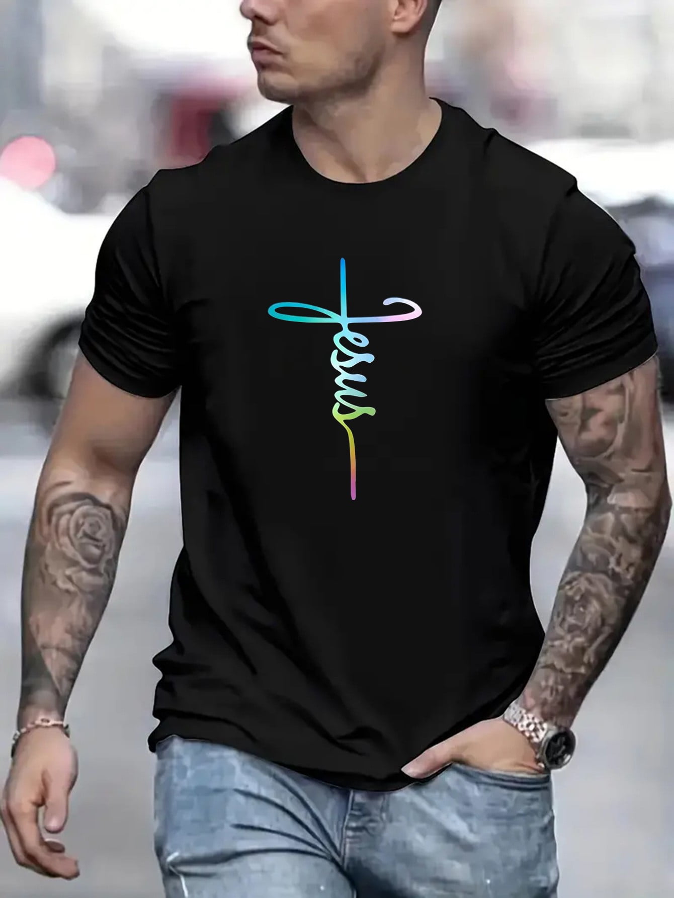 Cross Print Men's Trendy Street Style T-shirts, Casual Graphic Tee ...