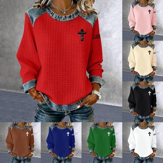 Cross Print Women's Sweatshirt Denim Collar Long Sleeve Loose Fit Fall ...