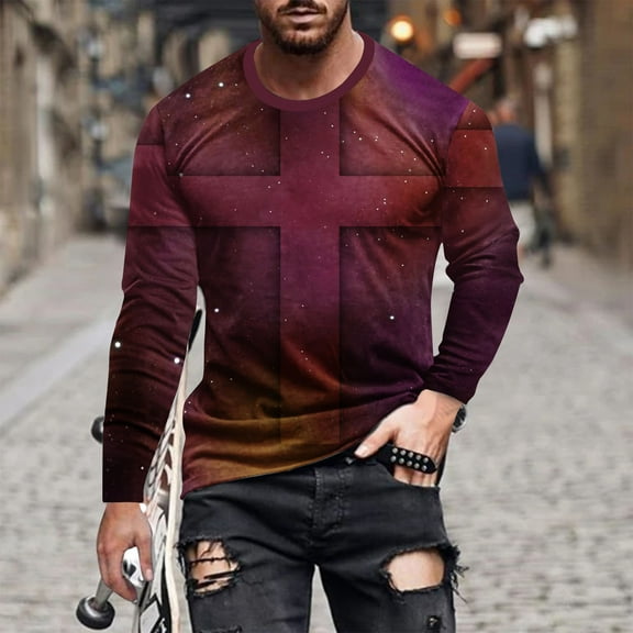Cross Printed Tops Mens Funny 3D Print Tees Shirts Long Sleeve Shirt for Men Causal Crew Neck Top Workout Athletics Tee Top